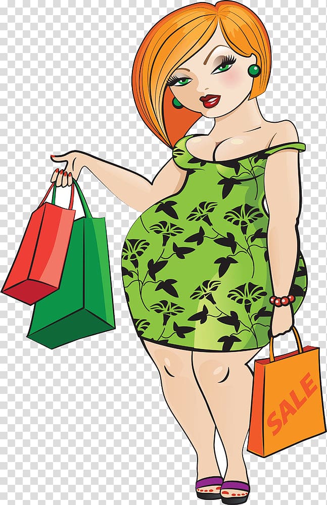 brown haired girl , Woman Cartoon Illustration, Fat woman shopping transparent background PNG clipart