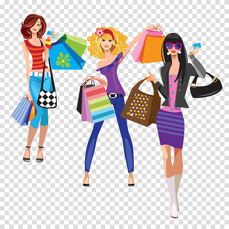 three woman wearing assorted-color outfits art, Shopping bag Fashion, Fashion beautiful women transparent background PNG clipart