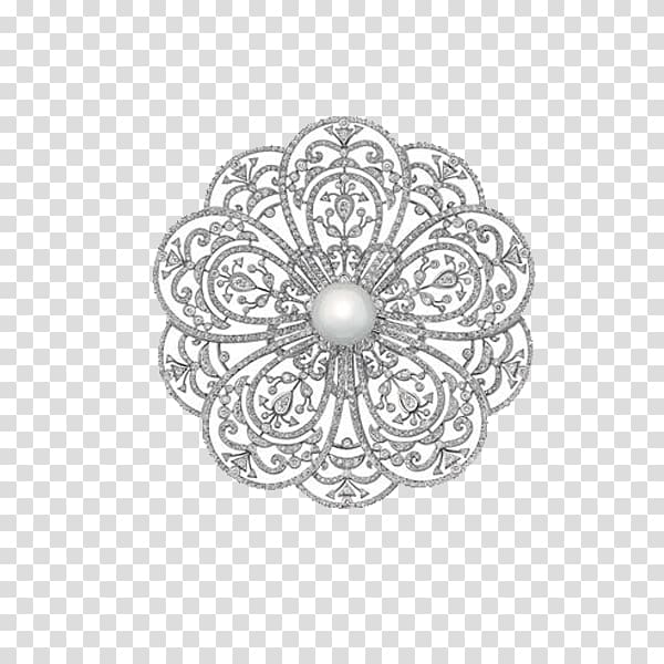 gray and white flower mandala illustration, Chanel Jewellery Brooch Diamond Brilliant, Silver Camellia Art transparent background PNG clipart