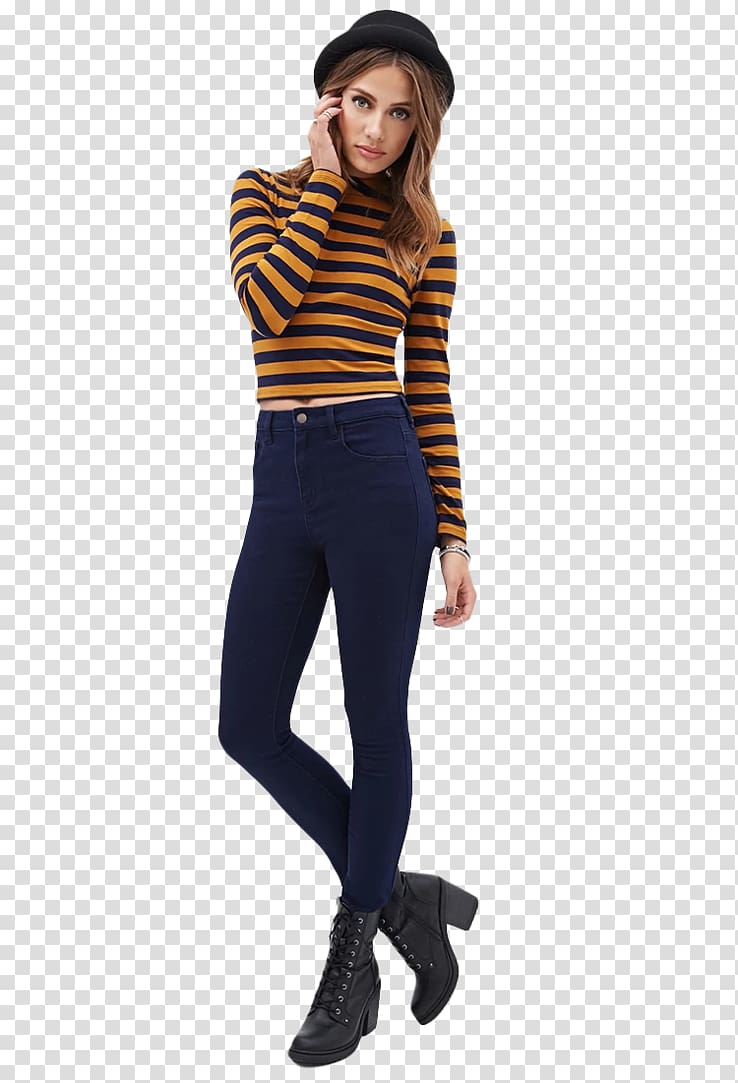 woman wearing striped long-sleeved shirt and fitted pants, Model Fashion Fashion , model transparent background PNG clipart