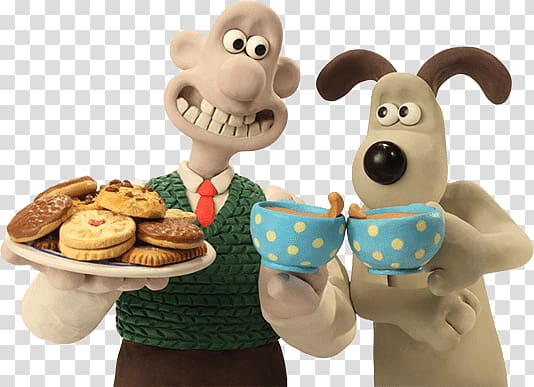 man holding plate of cookie and cup of coffee standing beside dog holding cup of coffee, Wallace and Gromit Having Tea transparent background PNG clipart