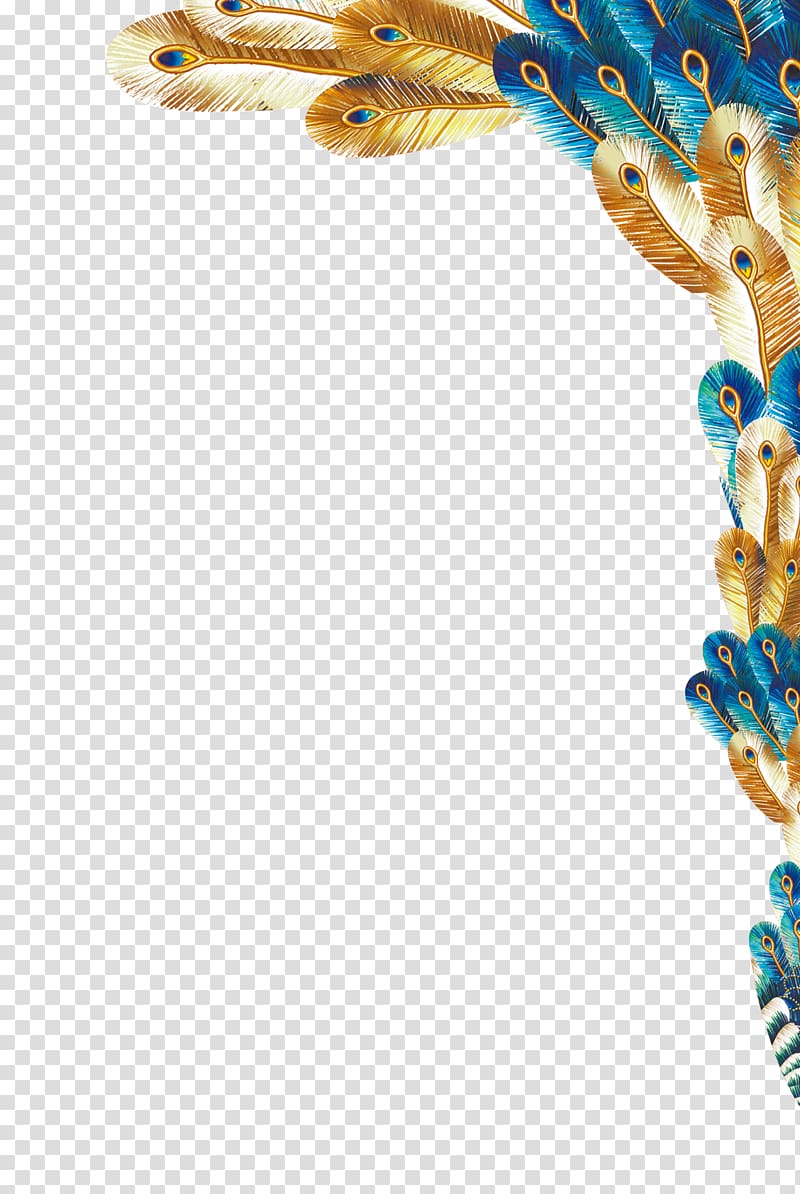 blue and brown peacock feathers border, Feather Peafowl Bird Euclidean , Golden peacock feather transparent background PNG clipart