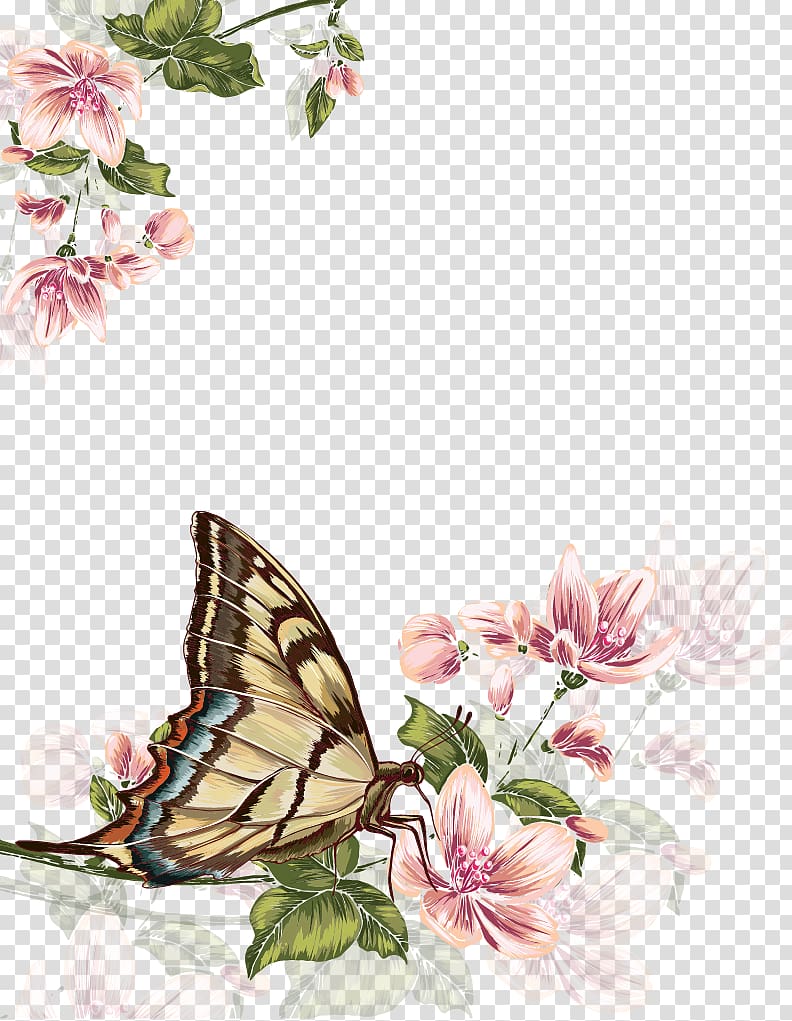 swallowtail butterfly perching on pink flower illustration, Butterfly Flower Painting, Watercolor Flower Butterfly transparent background PNG clipart