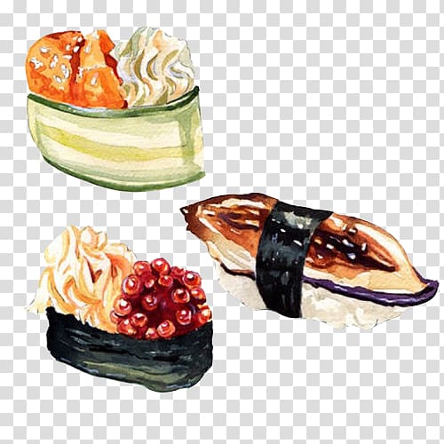 Sushi Japanese Cuisine Visual arts Illustrator Illustration, Sushi fish hand drawing material transparent background PNG clipart