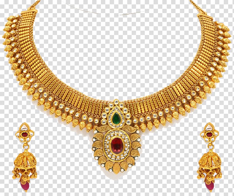 red, clear, and green jeweled gold-colored kundan necklace and earrings set, Jewellery Earring Necklace , Gold Jewelry transparent background PNG clipart