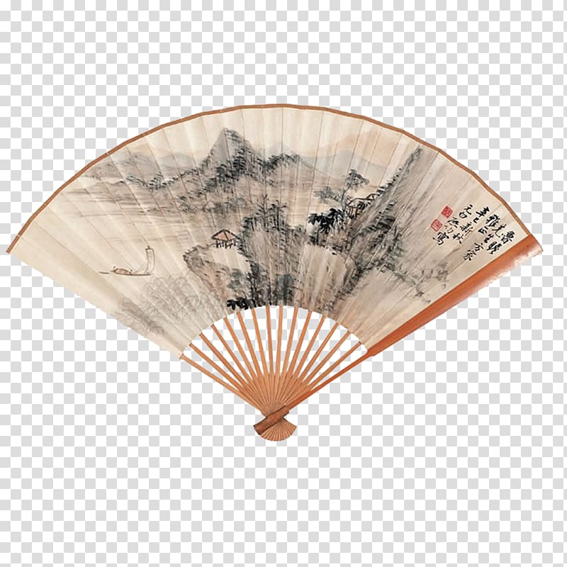 Paper Hand fan Ink wash painting Shan shui, Meticulous Painting folding fan transparent background PNG clipart