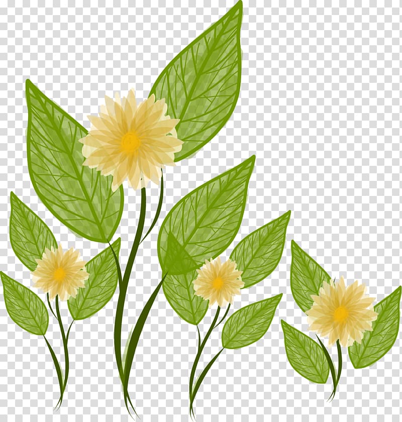 Flower Landscape Yellow, Hand-painted flowers and green leaves transparent background PNG clipart