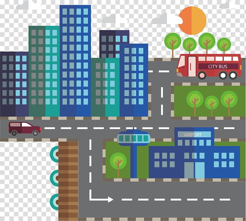 Architecture Illustration, flattening urban architecture and transportation tools transparent background PNG clipart