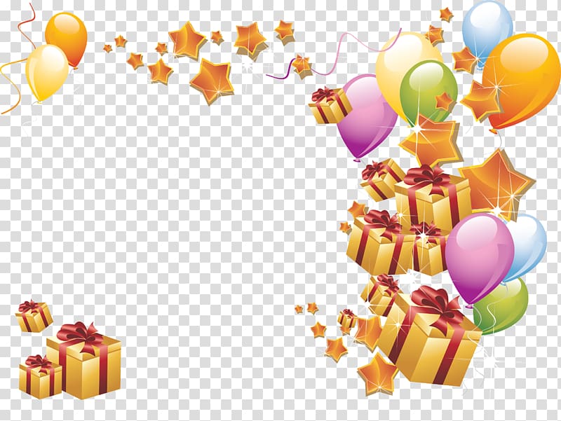 golden gift box with balloons transparent background PNG clipart