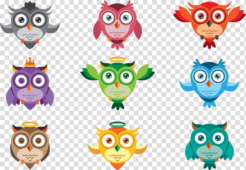 nine owl illustration, Owl , Colorful cute owls transparent background PNG clipart