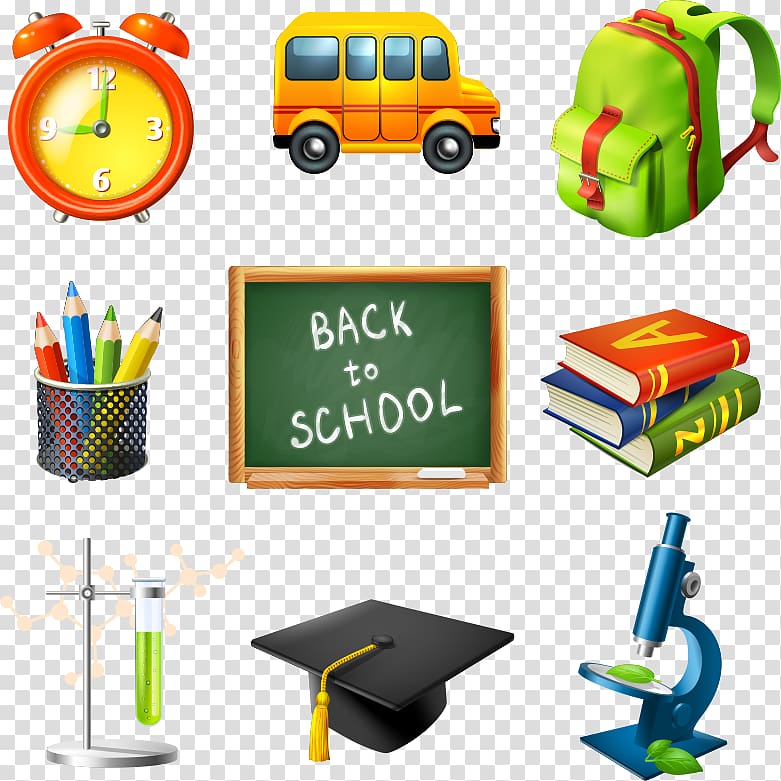 School Stationery Icon, alarm clock and blackboard transparent background PNG clipart