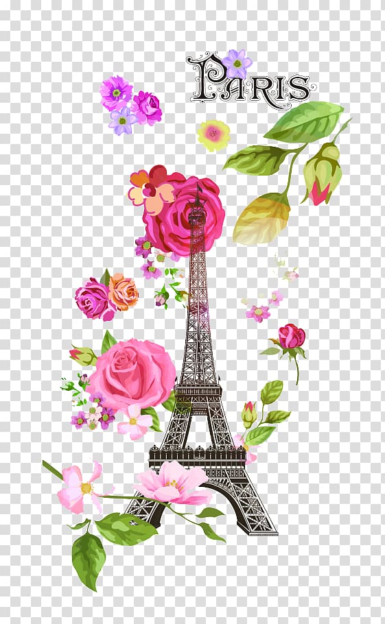 Eiffel tower with flowers illustration with text overlay, Eiffel Tower Free Shop Euclidean , Eiffel Tower transparent background PNG clipart