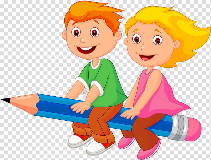 boy and girl riding on pencil , Girl Cartoon , Children sitting on pencil transparent background PNG clipart