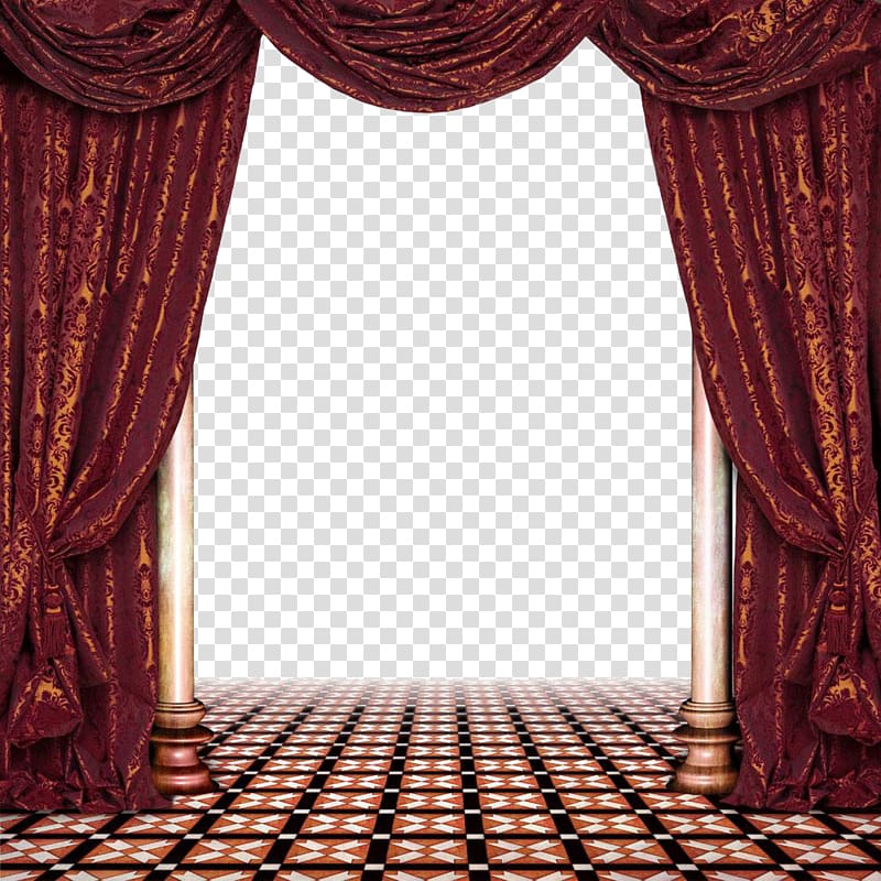 maroon curtains on doorway illustration, Window treatment Curtain Living room, Dark red stage curtains transparent background PNG clipart