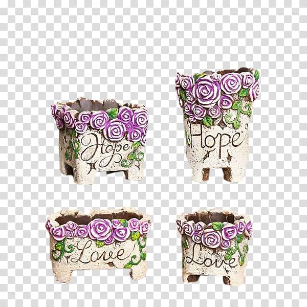 Flowerpot , A family of four rose pattern pots transparent background PNG clipart