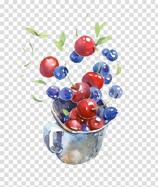 Watercolor painting Drawing Illustration, Blueberry and cherry fruit transparent background PNG clipart
