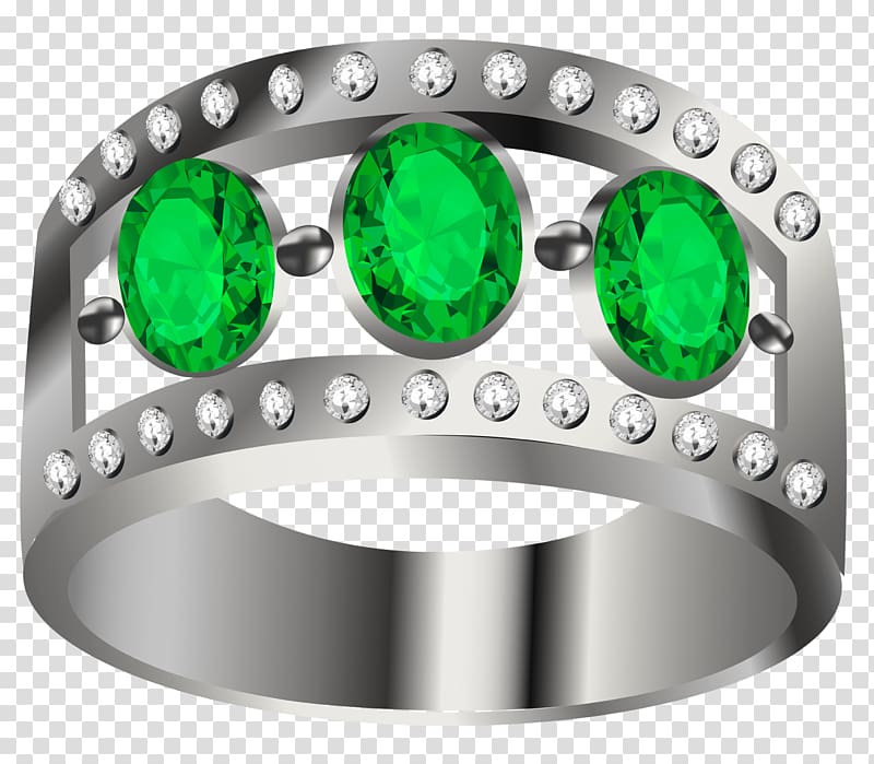 silver-colored ring with green gemstone , Jewellery Earring, Silver Ring with Emeralds transparent background PNG clipart