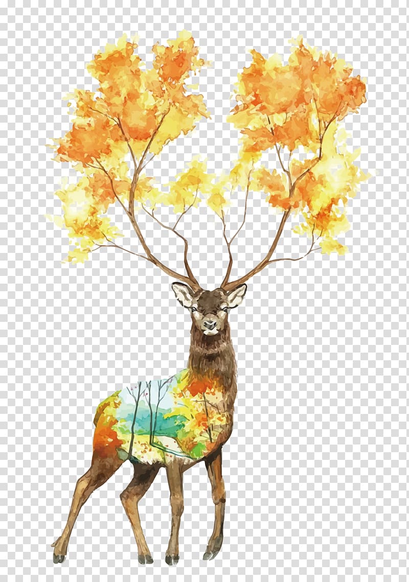 reindeer with tree styled antlers art, Deer Autumn, hand painted deer transparent background PNG clipart