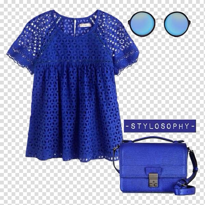 Dress Blue Sleeve Blouse Polka dot, Sapphire blue hue with lace short-sleeved transparent background PNG clipart
