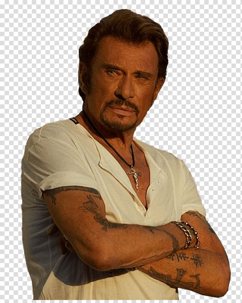 man wearing white V-neck t-shirt, Johnny Hallyday Thinking transparent background PNG clipart