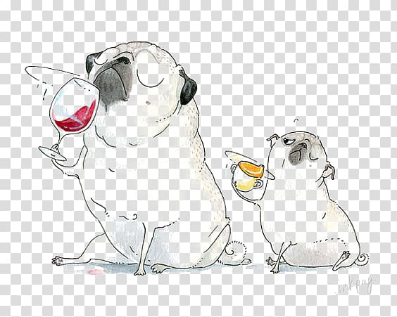 Pug Puppy Drawing Watercolor painting Illustration, Pet dog transparent background PNG clipart