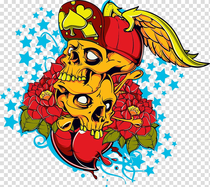 T-shirt Skull, Red flowers skull illustration transparent background PNG clipart