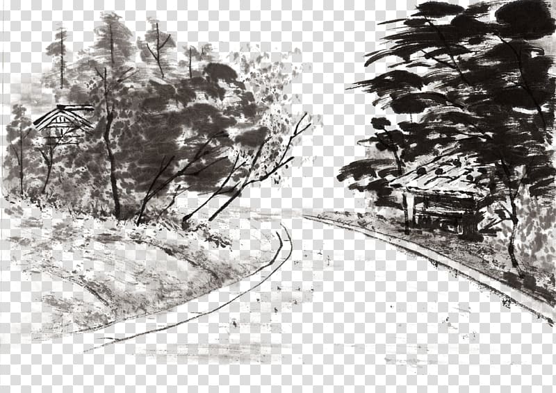 road and trees painting, Landscape painting Ink wash painting , Ink Village Village Road transparent background PNG clipart