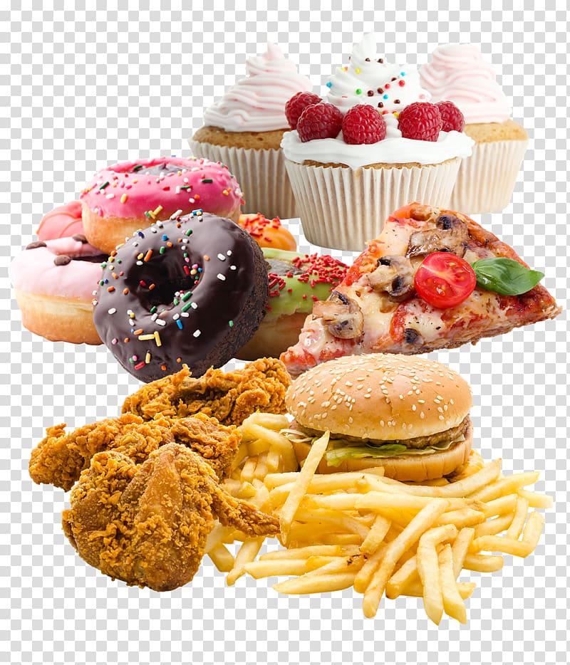 hamburger, fried fries, doughnut, cupcake, and pizza, Junk food Fast food Nutrient Breakfast, healthy food transparent background PNG clipart