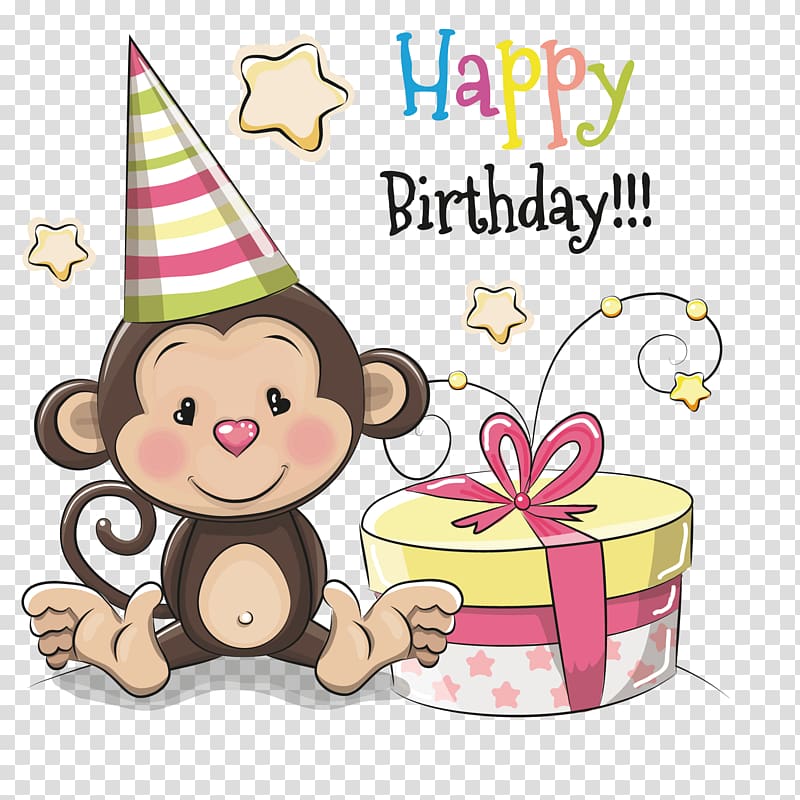 happy birthday , Birthday Greeting card Cartoon Illustration, Monkey\'s birthday present transparent background PNG clipart