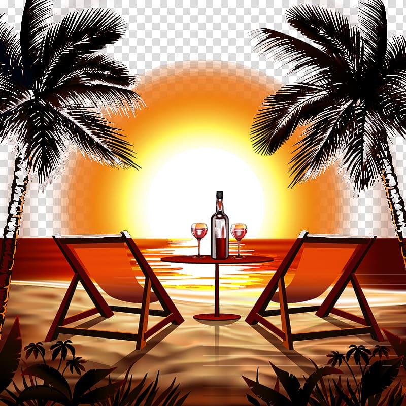 wine bottle and wine glass on table between chairs near sea illustration, Beach Sunset , illustration beach sunset transparent background PNG clipart