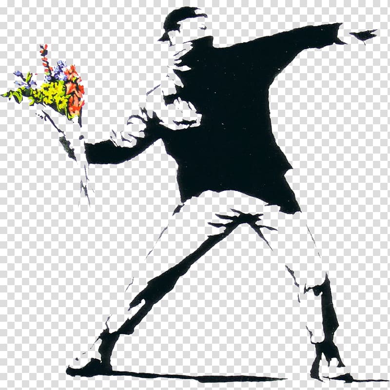 man holding multicolored flower bouquet illustration, Banksy Graffiti Street art Artist Stencil, color graffiti transparent background PNG clipart