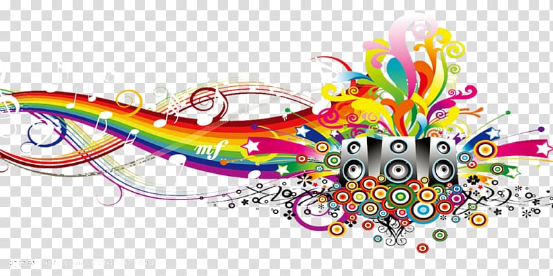 speakers and rainbow illustration, Background music Sound, Streamers musical elements transparent background PNG clipart