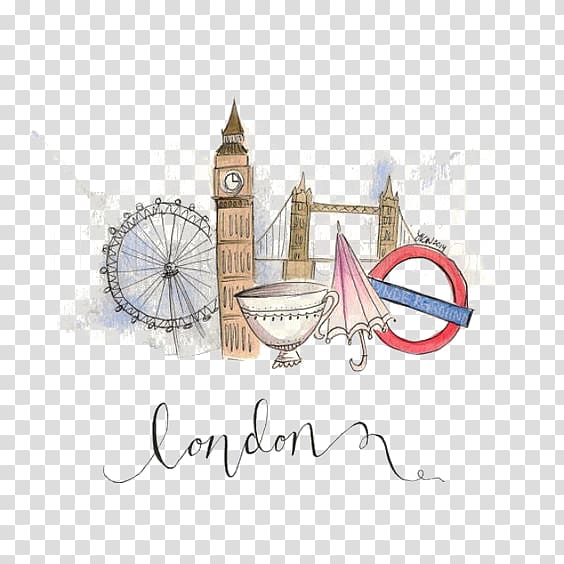brown and white London illustration, London Fashion illustration Illustrator Etsy Illustration, London flag painted transparent background PNG clipart