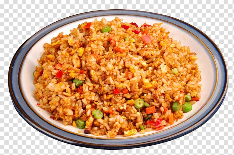cooked food on round white ceramic plate, Yangzhou fried rice Nasi goreng Chinese cuisine Stir frying, Fried rice transparent background PNG clipart