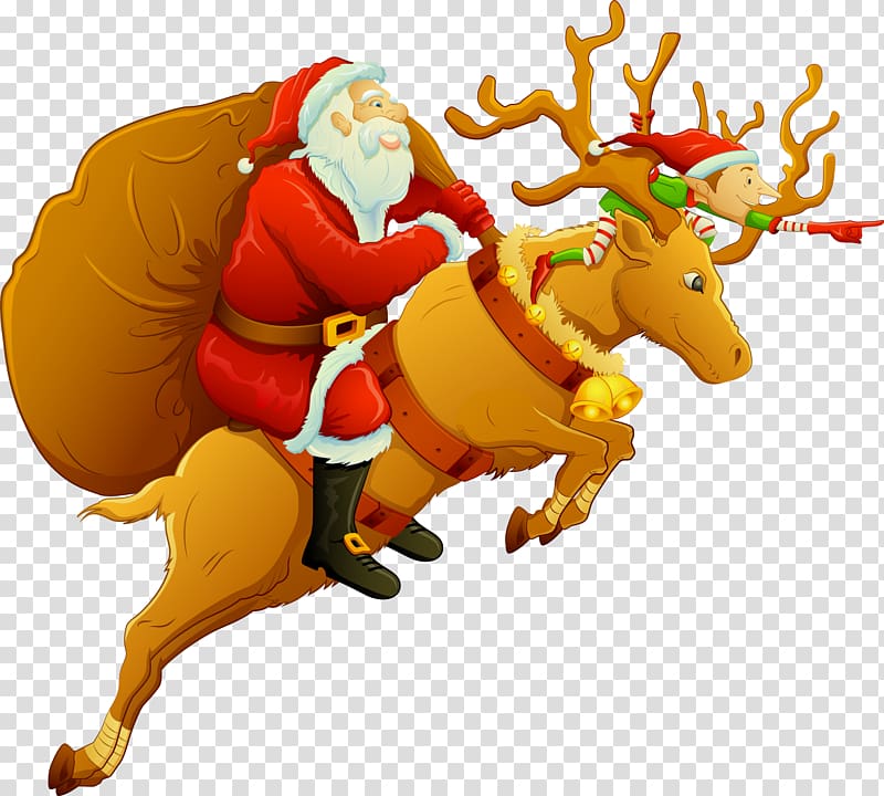 Santa Claus on Christmas deer transparent background PNG clipart