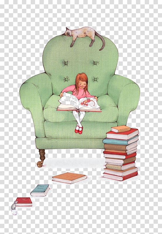 Couch Cartoon Drawing Illustration, Cartoon illustration of children reading sofa transparent background PNG clipart