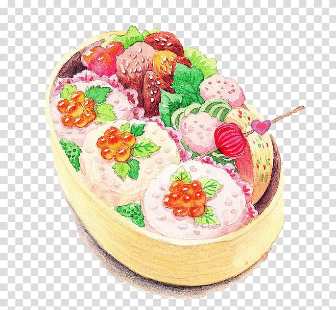Bento Onigiri Japanese Cuisine Rice Illustration, The color of lead rice and vegetable roll transparent background PNG clipart