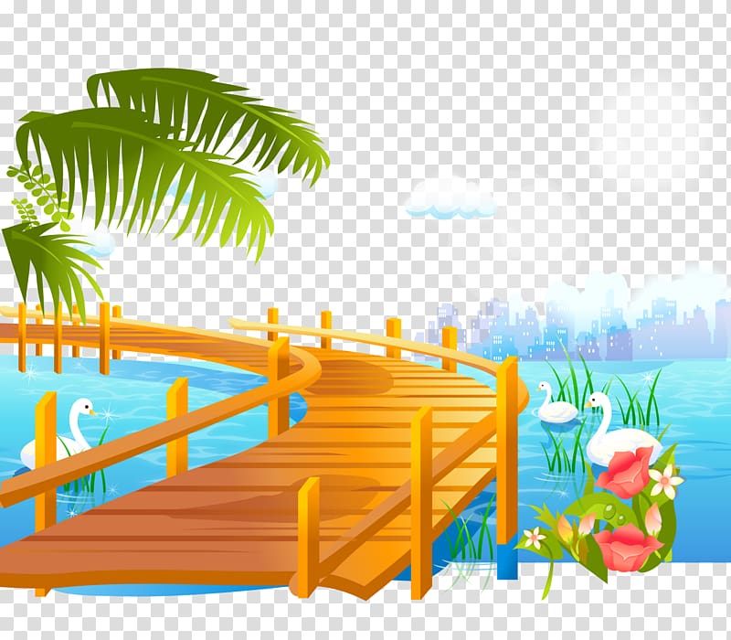 Icon, cartoon gallery landscape lake bridge trees flower goose transparent background PNG clipart