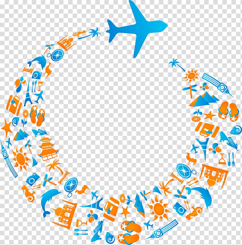 round blue and orange plane border template, Airplane Air travel , Travel elements transparent background PNG clipart