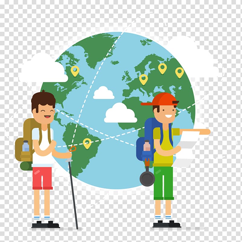 exploring world art, Globe World map, happy tourist and world map transparent background PNG clipart