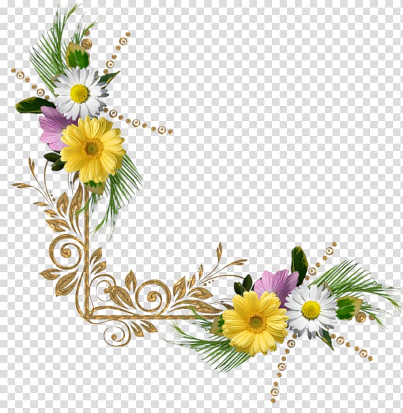 yellow, white, and purple daisies border illustration, Border Flowers , floral corner transparent background PNG clipart