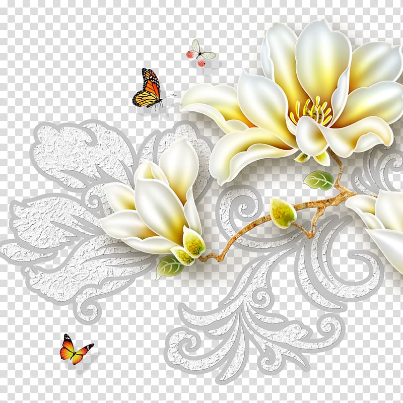 white-and-yellow magnolias in bloom illustration, Floral design, Chinese style flowers texture transparent background PNG clipart