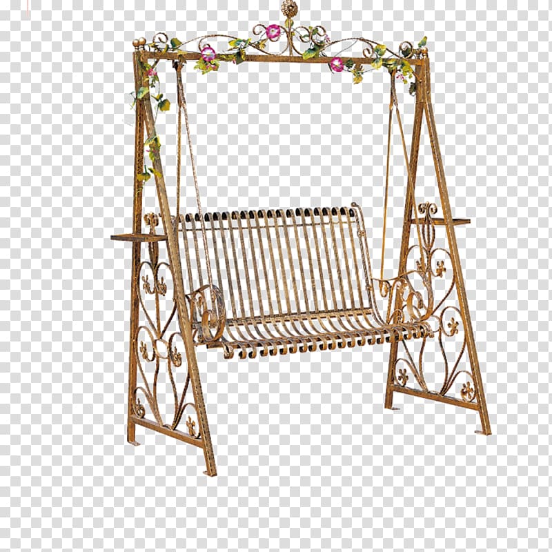 brown floral swing bench illustration, Rocking chair Swing Wrought iron Garden furniture, Garden rocking chair transparent background PNG clipart