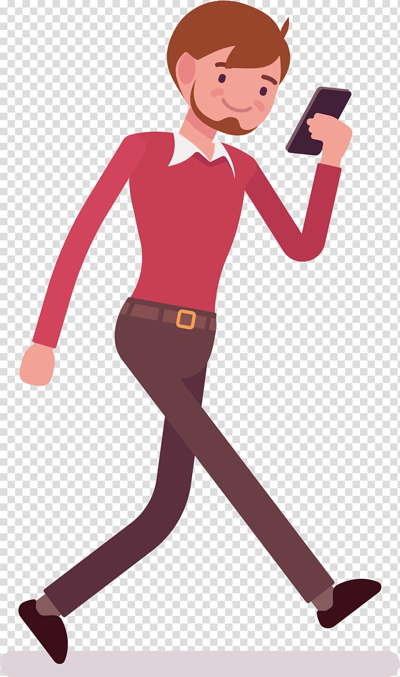 brown-haired male character holding phone, Cartoon Walking Illustration, Pay attention to these 9 when you use mobile phone payment transparent background PNG clipart