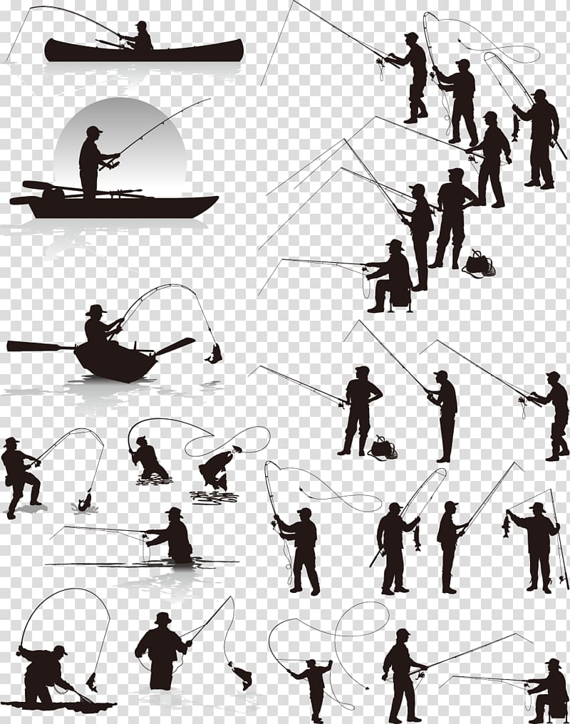 silhouette of men working illustration, Northern pike Fisherman Fishing Silhouette, fishing theme design material transparent background PNG clipart
