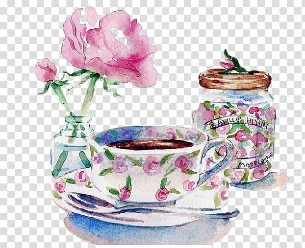 pink rose on vase beside cup illustration, Tea Coffee Breakfast Dessert Drawing, Hand-painted tea transparent background PNG clipart