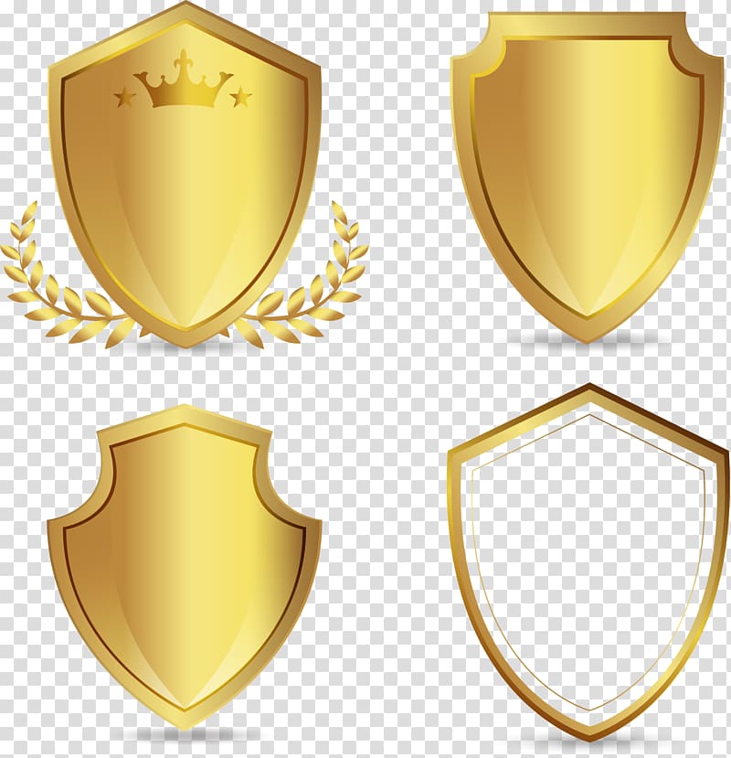 four gold shield logos, Euclidean , hand-painted golden shield transparent background PNG clipart