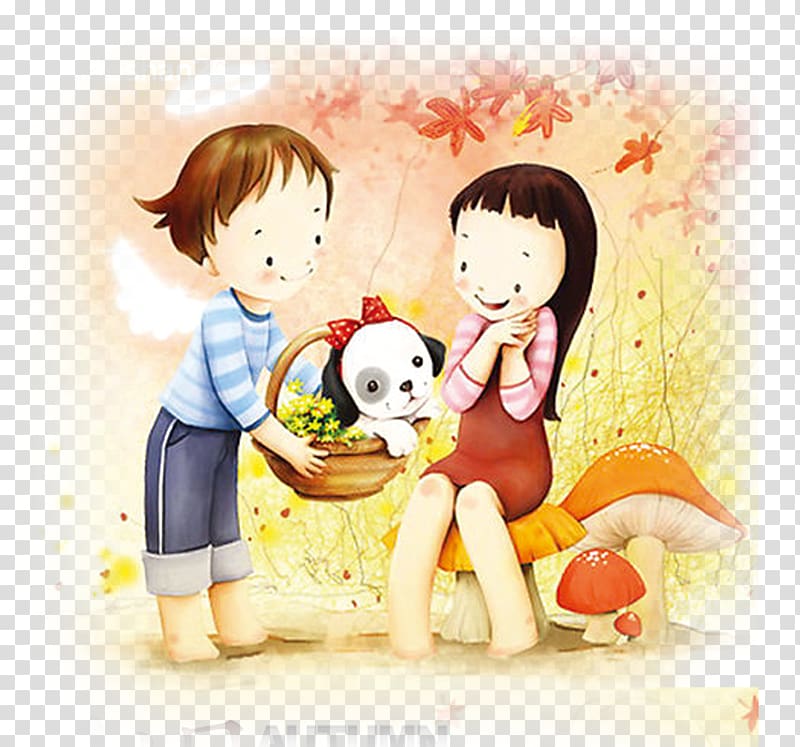 couple Cartoon Puppy love Drawing Illustration, cute cartoon transparent background PNG clipart