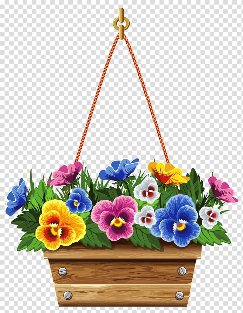 multicolored pansies in brown wooden hanging pot illustration, Flowerpot Hanging basket , Hanging Box with Violets transparent background PNG clipart