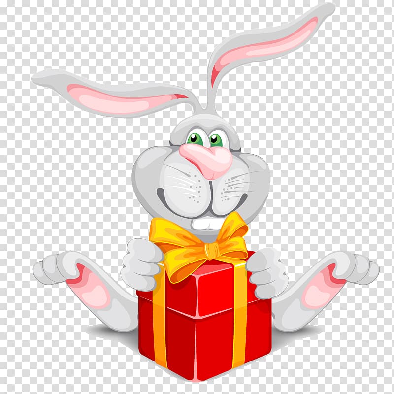 Rabbit Cartoon, The long-eared bunny holding gift box material transparent background PNG clipart